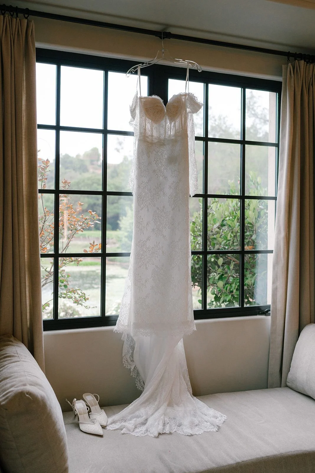 Wedding dress hanging in bridal suite at Monserate Winery