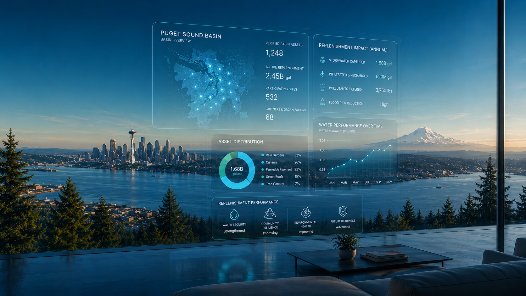 Puget Sound basin intelligence dashboard overlooking Seattle and Mount Rainier