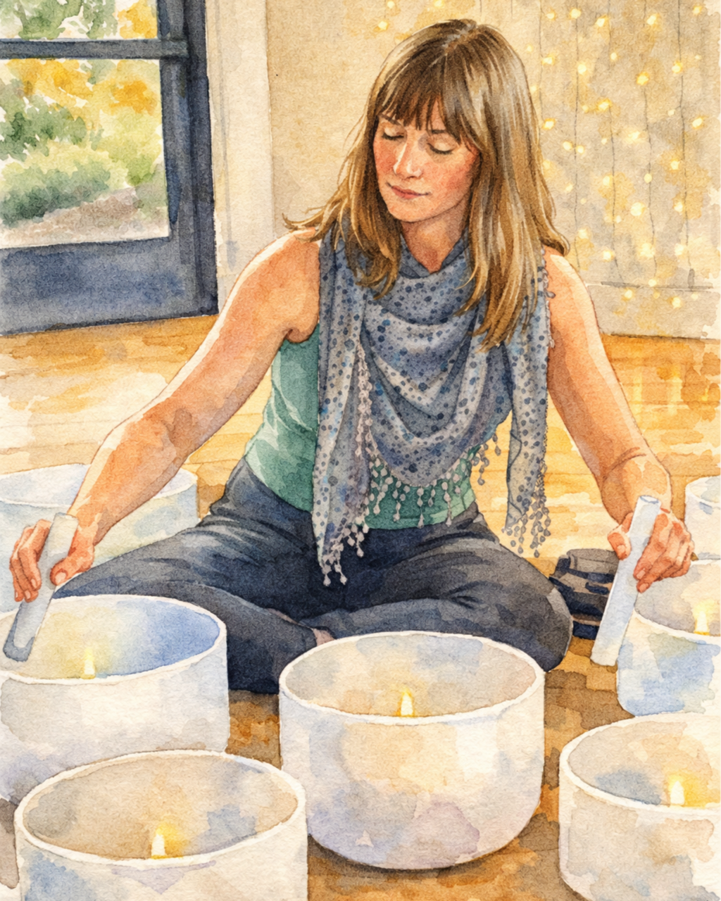 A young woman with shoulder-length brown hair and bangs, sitting cross-legged on a wooden floor, surrounded by lit white candles, opening one with her left hand, in a cozy room with a window and fairy lights.