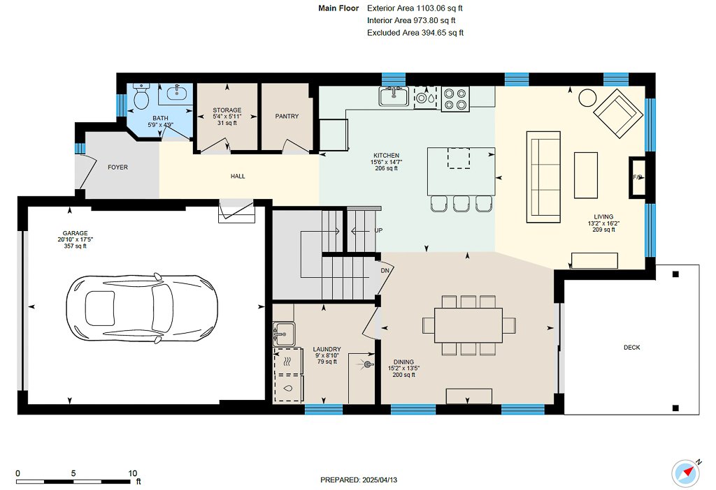 Floor plan of a house showing the main floor with rooms including a garage, laundry, dining, kitchen, living room, bathroom, storage, pantry, hall, foyer, and a deck outside.
