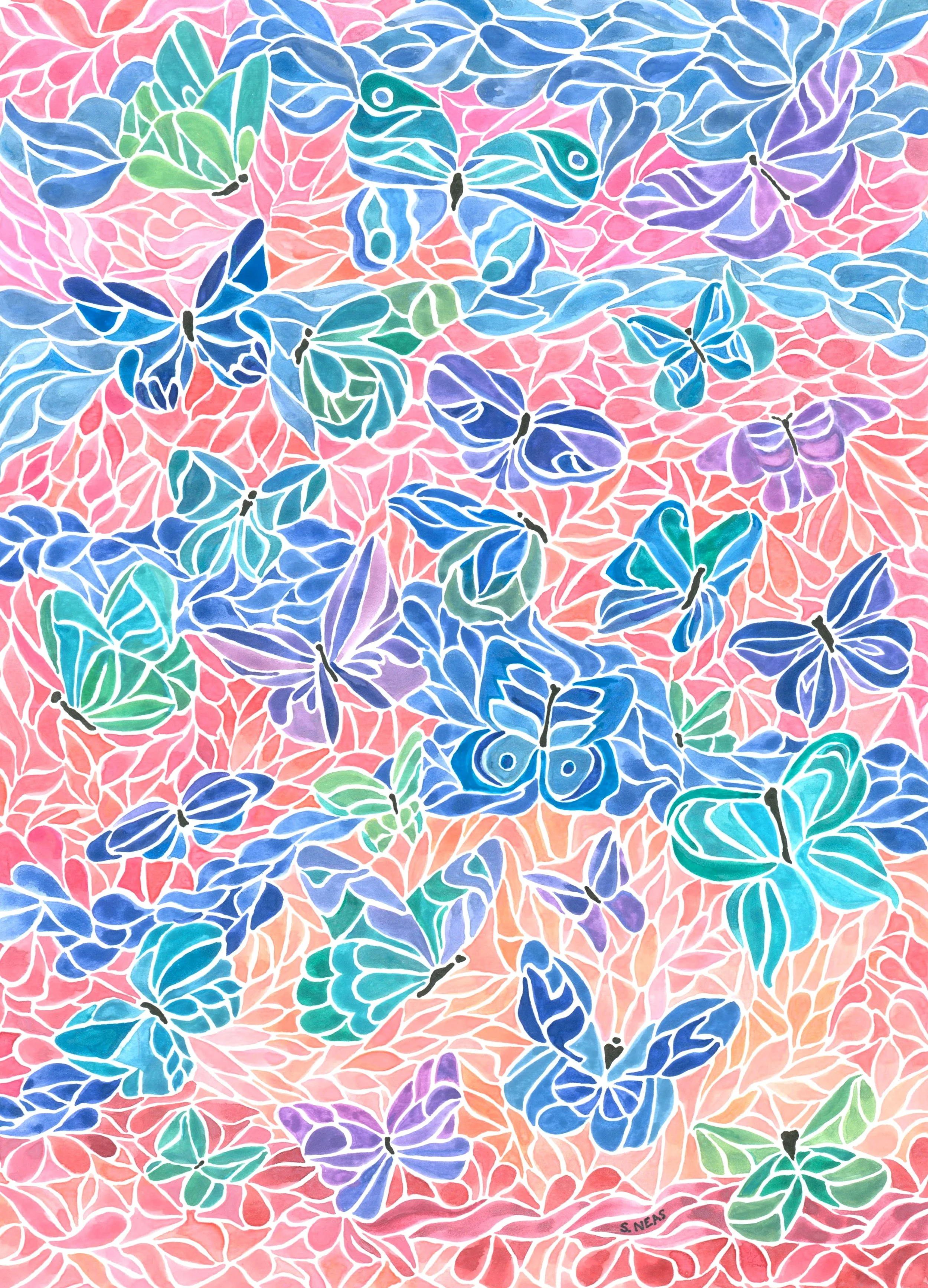 Butterflies on Pink ~ Watercolor 14” x 11”