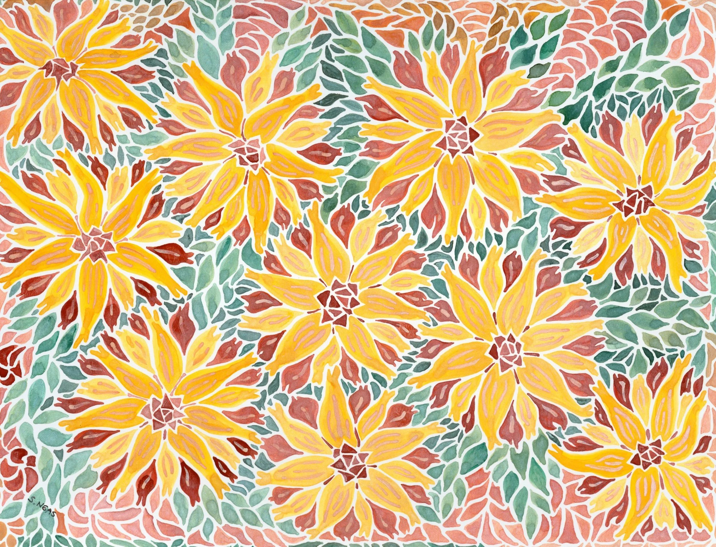 Lazy Daisies of Yellow & Red ~ Watercolor 14” x 11”