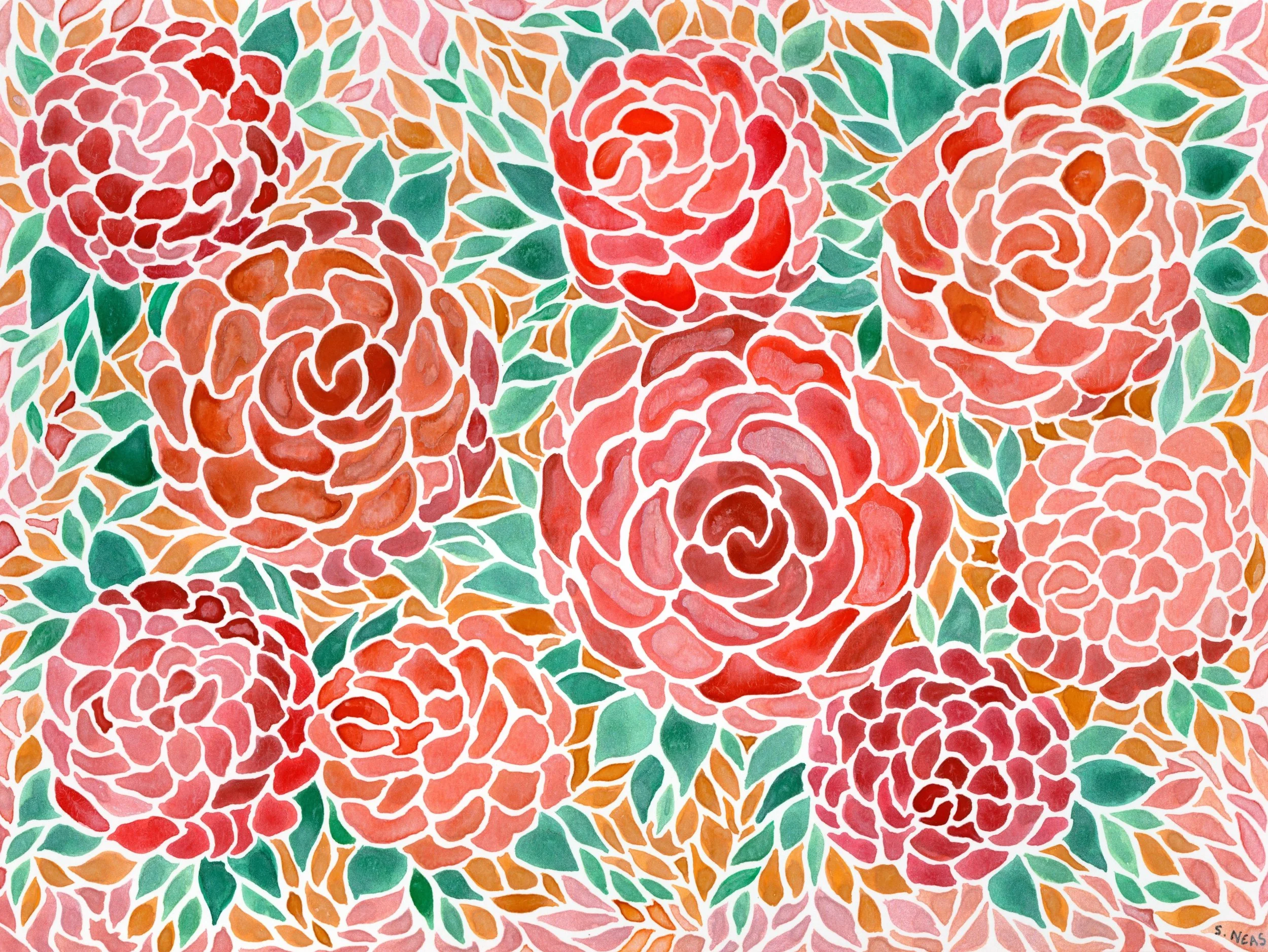 Red-Orange Roses ~ Watercolor 14” x 11”