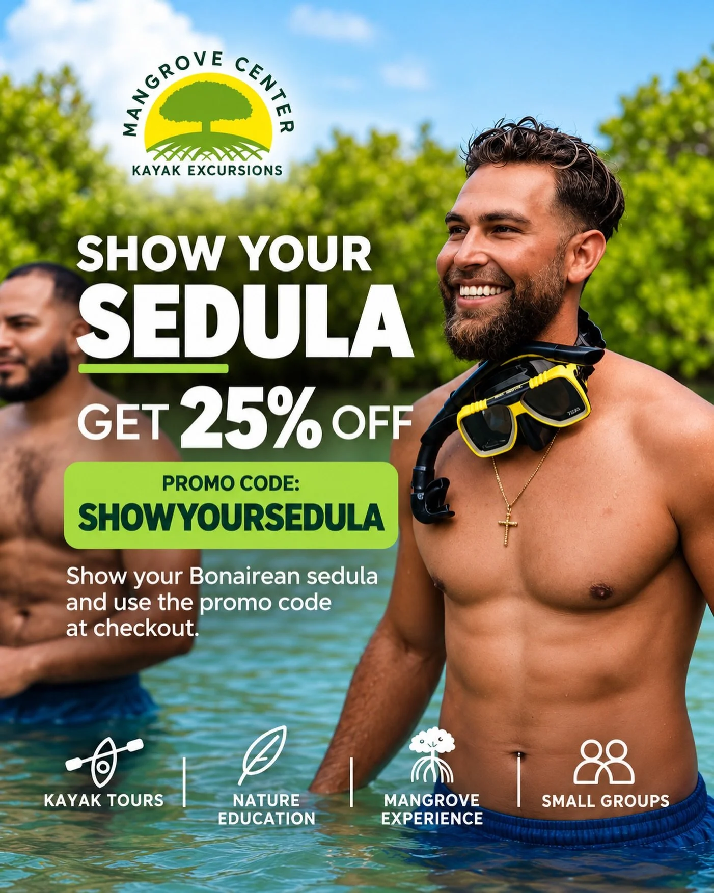 Ben je inwoner van Bonaire? 🌴
Dan krijg je 25% korting op jouw Mangrove Center kayak experience!

Laat je Bonaireaanse sedula zien en gebruik bij het boeken de promocode:
SHOWYOURSEDULA

Ontdek de mangroves vanaf het water, leer meer over dit bijzon