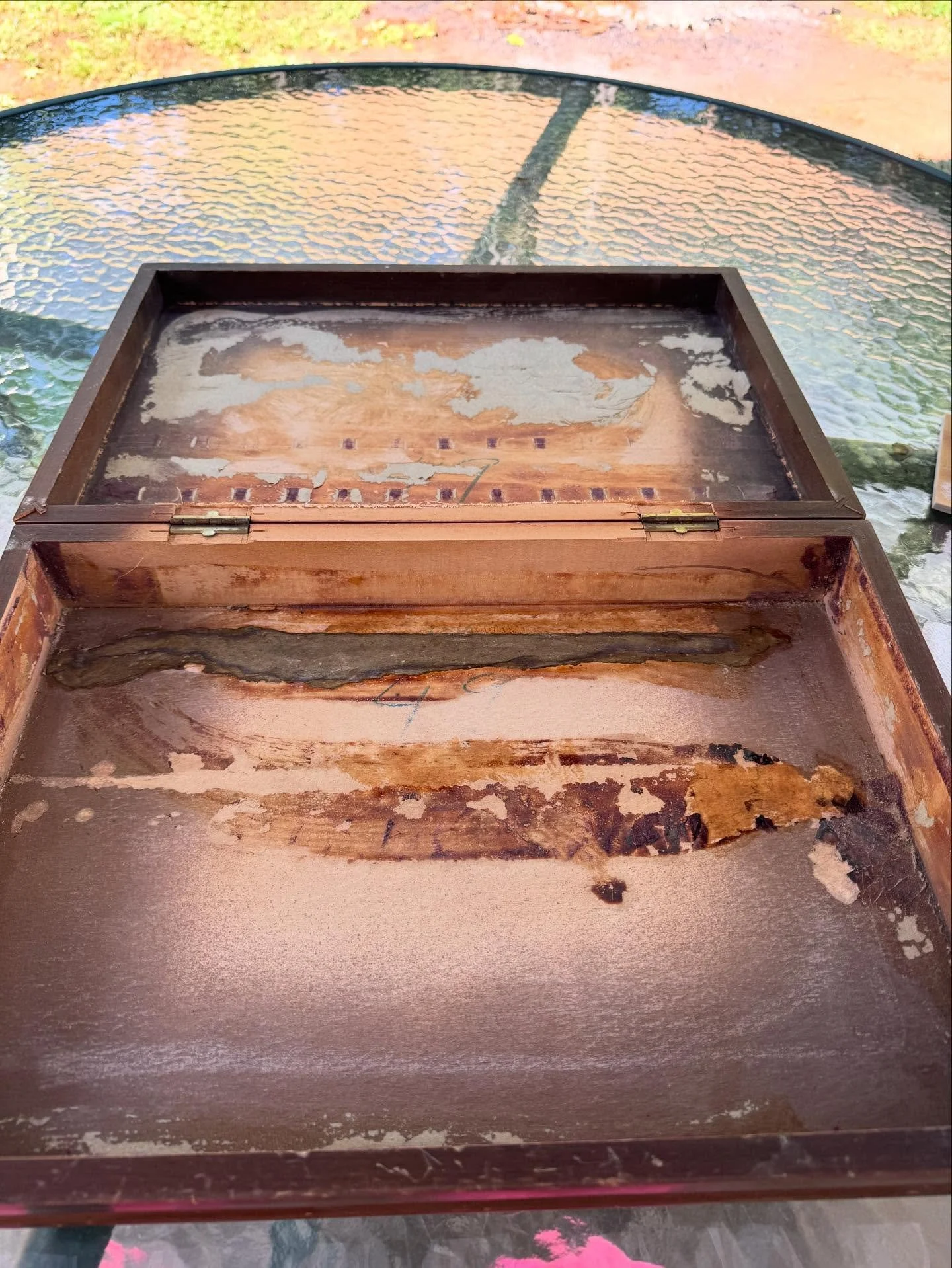Enjoying our beautiful weather, working outside as I clean up this box that I will be hand painting for a special gift.