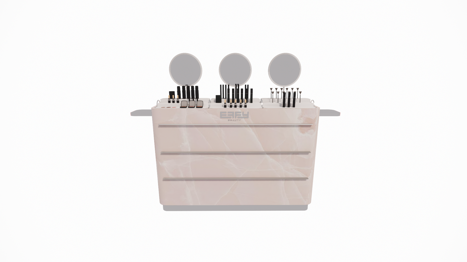 A makeup display stand with various cosmetic products and three round mirrors on top.