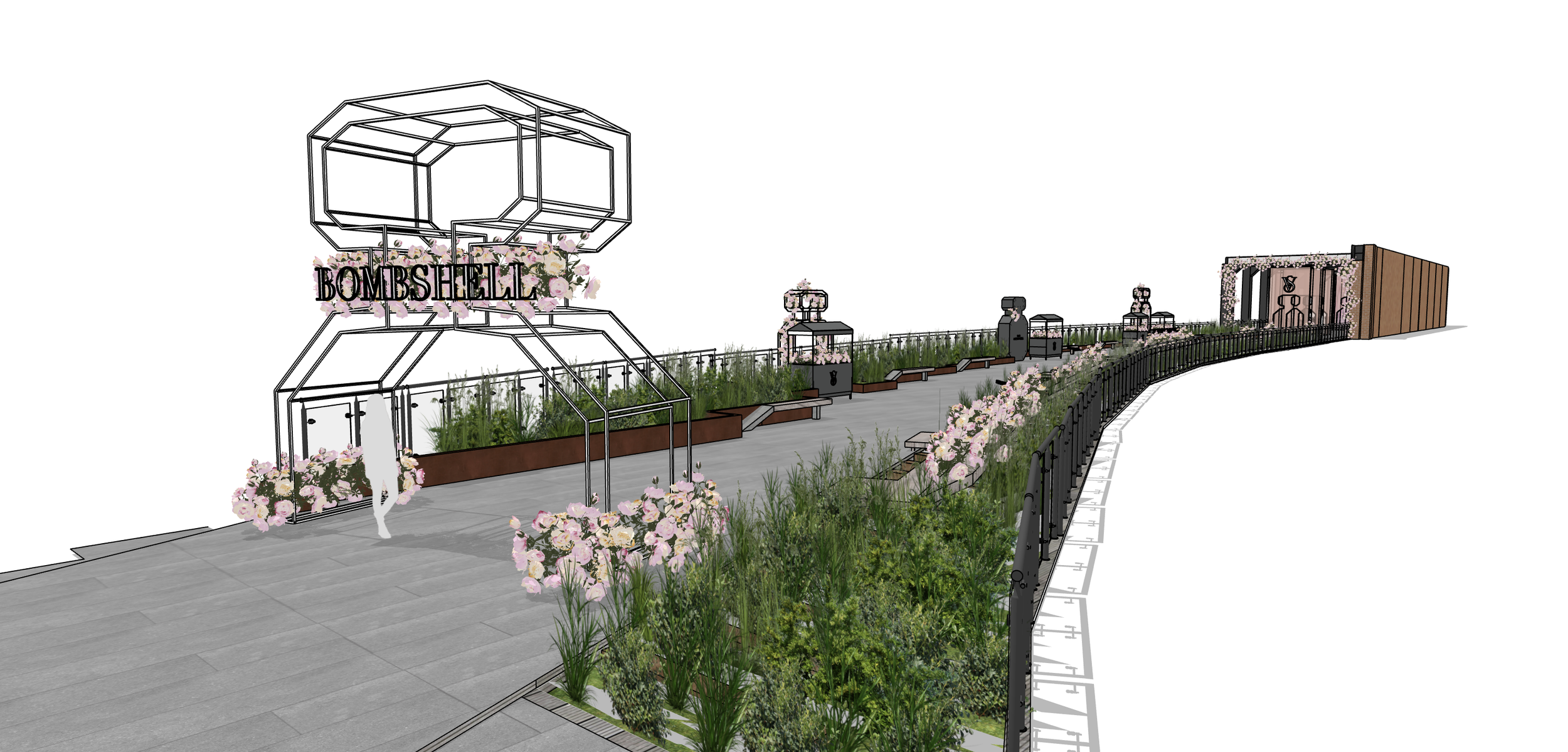 A 3D rendering of a rooftop garden with a curved pathway, flowerbeds with pink and white flowers, decorative lanterns, a large sign that says 'Bombshell' with flowers around it, and a structure at the end of the garden.