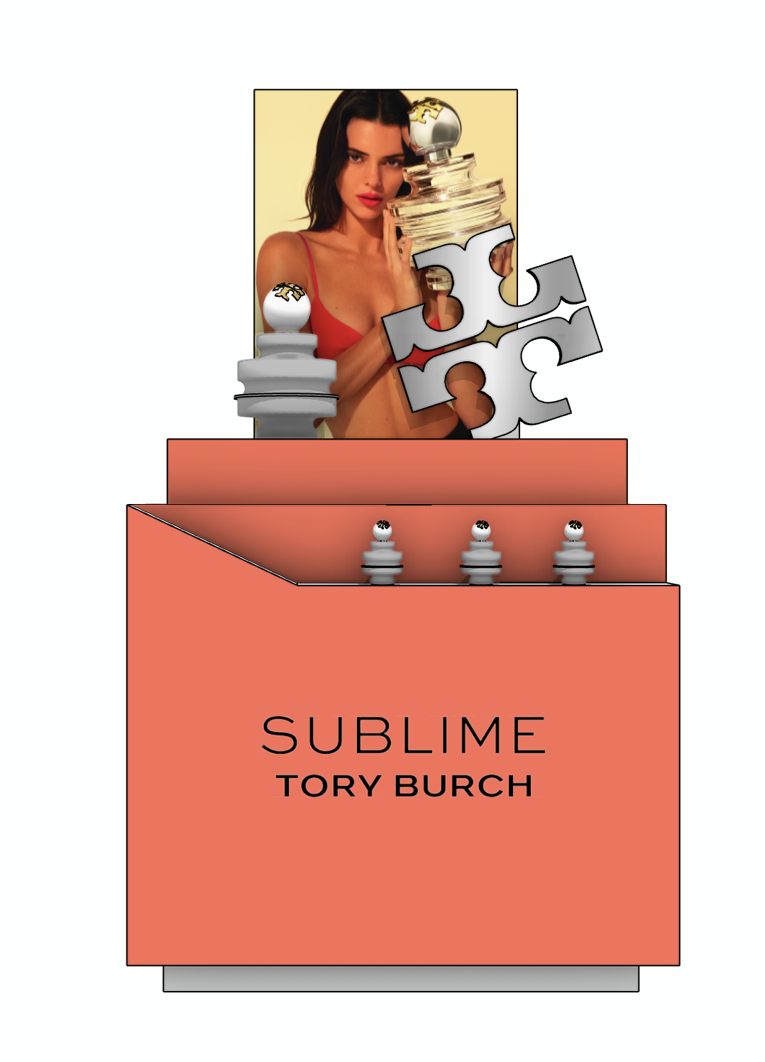 A promotional poster for Tory Burch's Sublime fragrance featuring a woman in a red dress holding a large perfume bottle, surrounded by chess pieces on a pedestal with the brand and fragrance name.