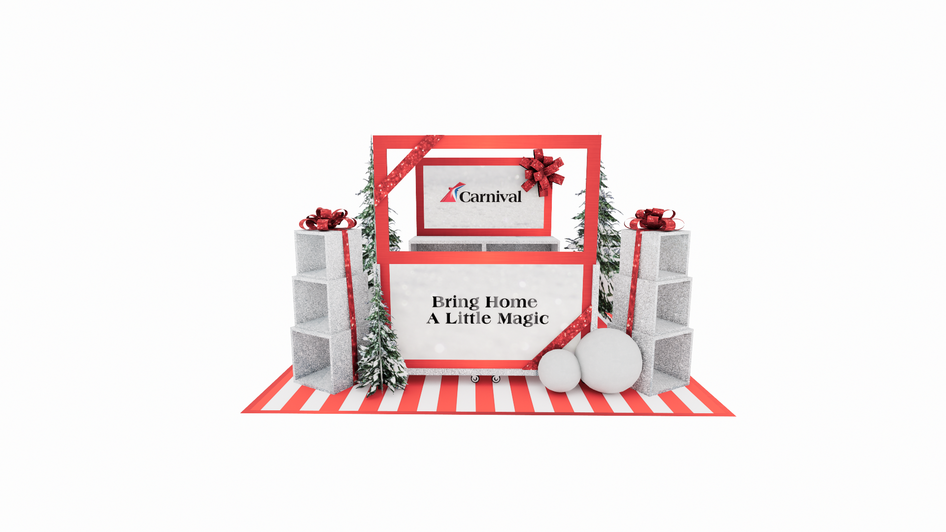 Christmas-themed display with white and red striped mat, white bricks with red ribbons, green pine trees, red bows, and signs that read 'Carnival' and 'Bring Home A Little Magic'.