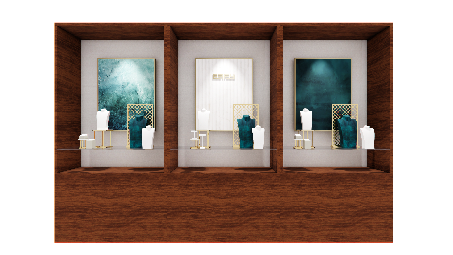 Jewelry store display with three sections featuring abstract blue and teal artwork, gold jewelry mannequins, and various jewelry pieces on white and teal display busts, framed by wooden walls.