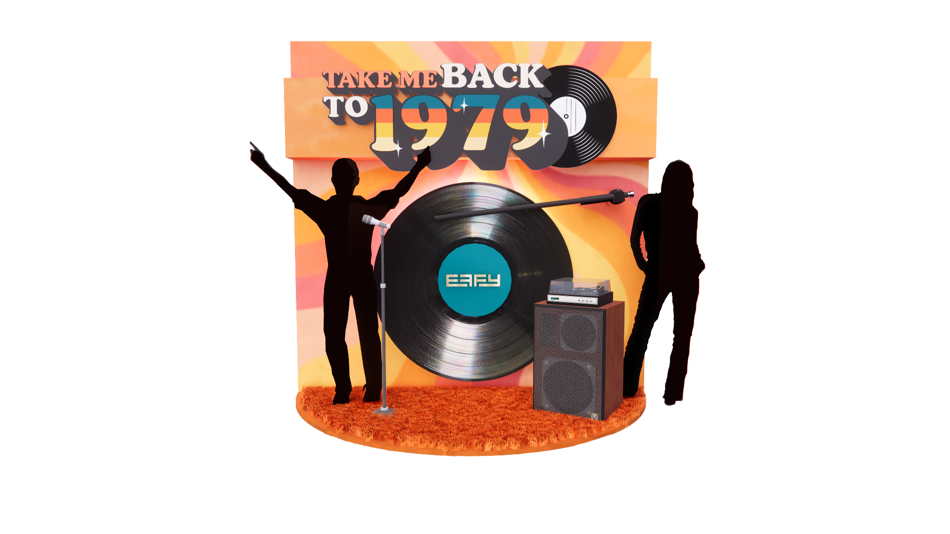 Retro-themed display with a large vinyl record, vintage microphone, and a record player, featuring a colorful backdrop and silhouettes of two people, one raising arms and the other standing with hands in pockets.