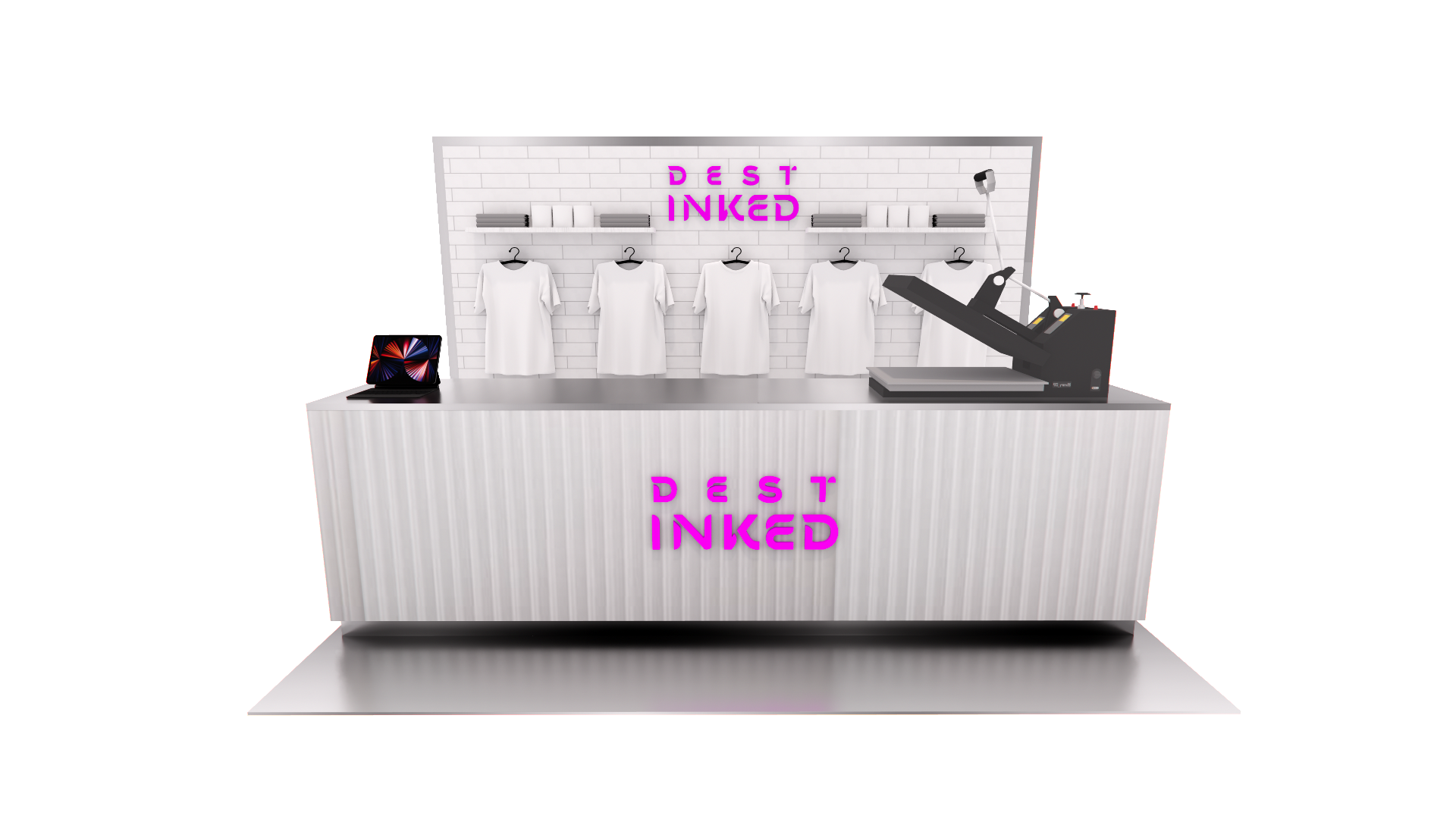 Retail kiosk with a display screen, a heat press machine, and hanging white T-shirts, with pink "Dest Inked" signs on the background wall and front counter.