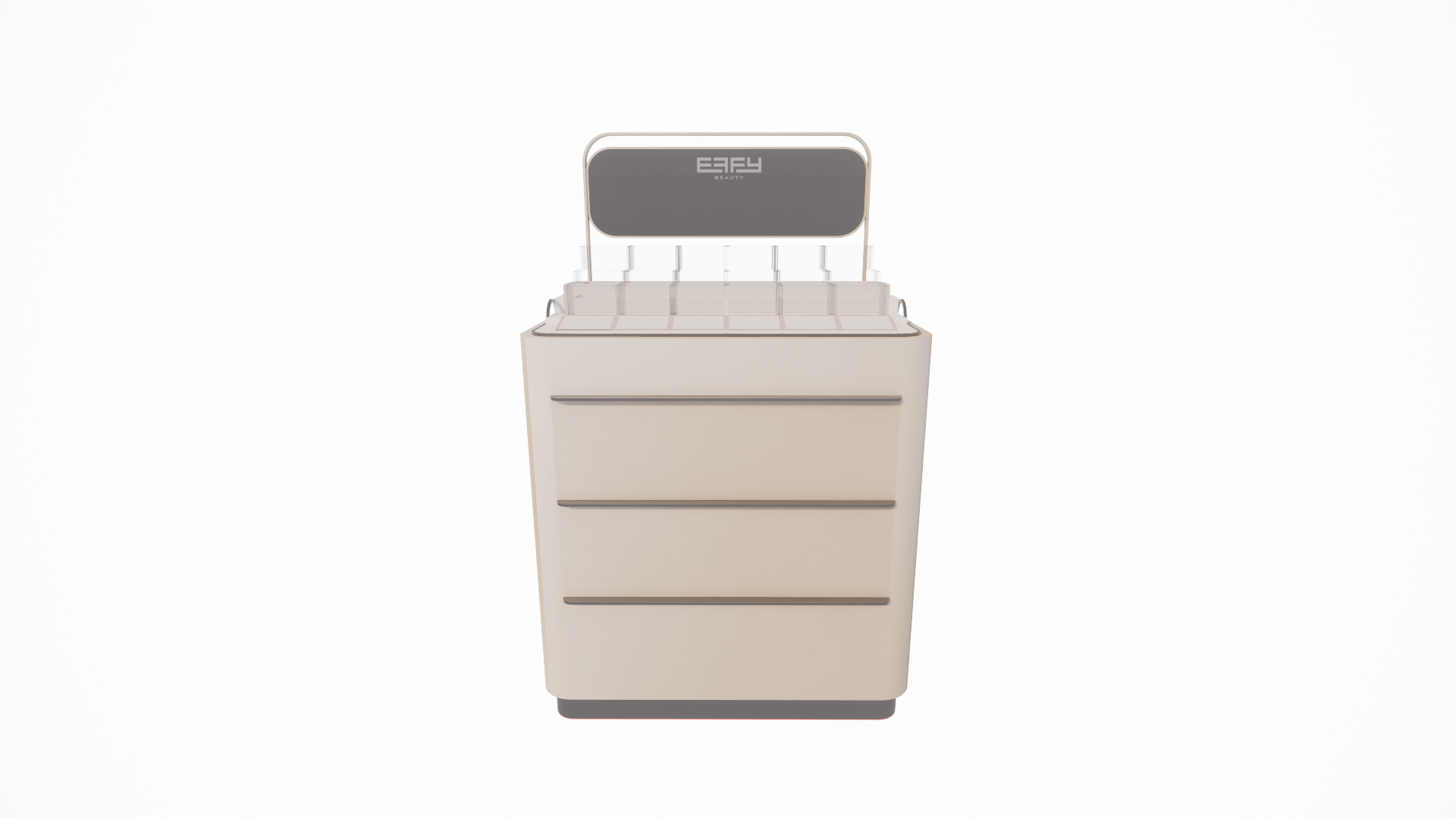 A white beauty treatment storage cabinet with four drawers and a transparent top section.