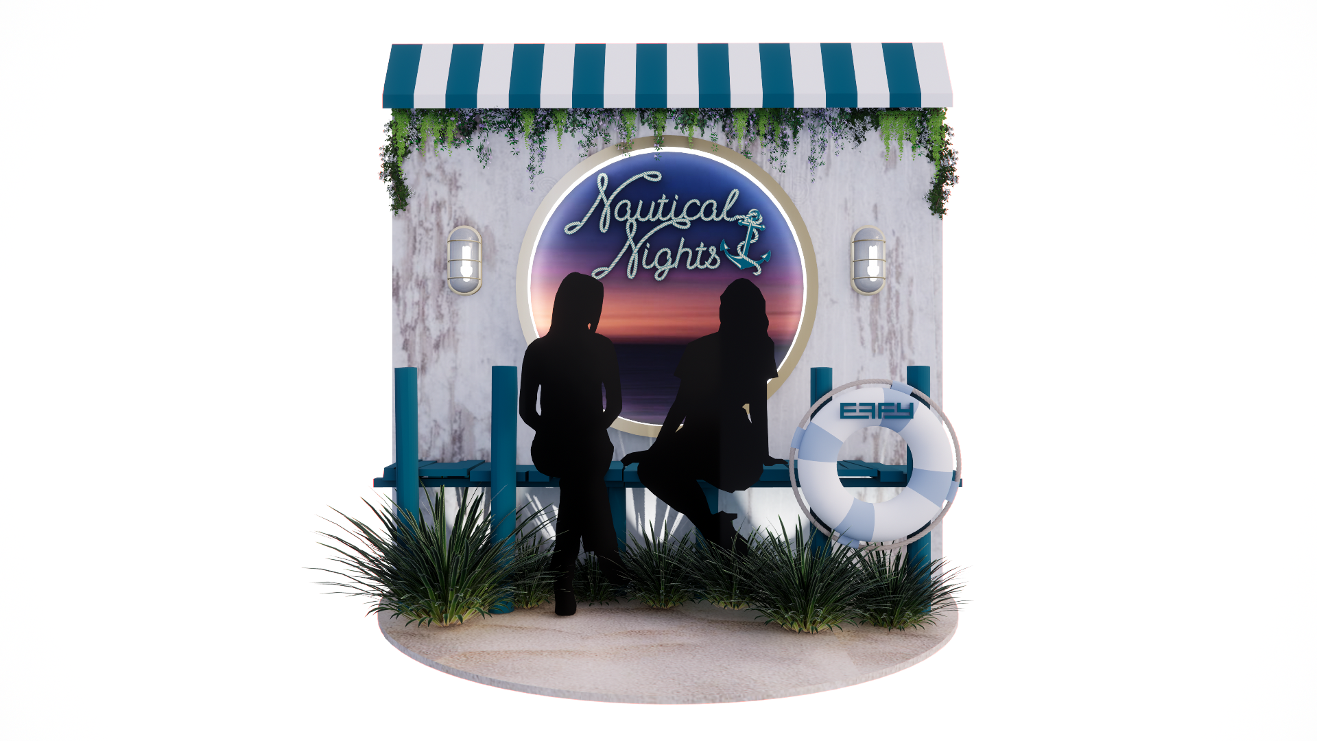 Silhouettes of two women sitting on a blue bench in front of a nautical-themed backdrop with a sunset scene and the words 'Nautical Nights' in neon sign, surrounded by plants and a life preserver.