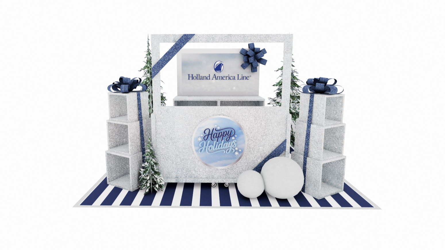 Festive holiday display with silver and blue decorations, including presents, trees, and a sign that says 'Happy Holidays', set on a striped rug.