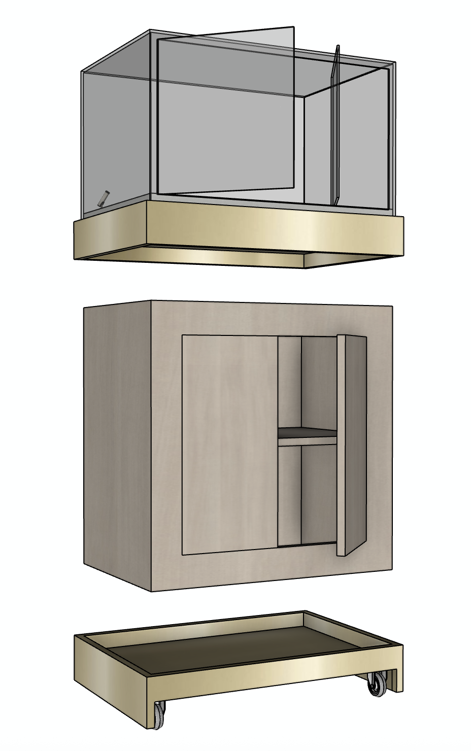 An exploded view of furniture pieces including a glass display case, a wooden cabinet with open shelving, and a tray with wheels.
