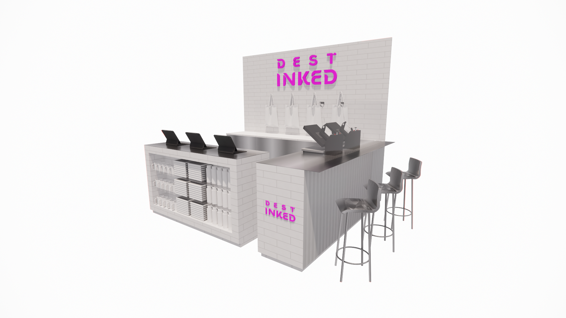Modern dessert shop counter with neon sign reading 'Dest Inked,' featuring a white brick backdrop, digital screens, and seating area with bar stools.