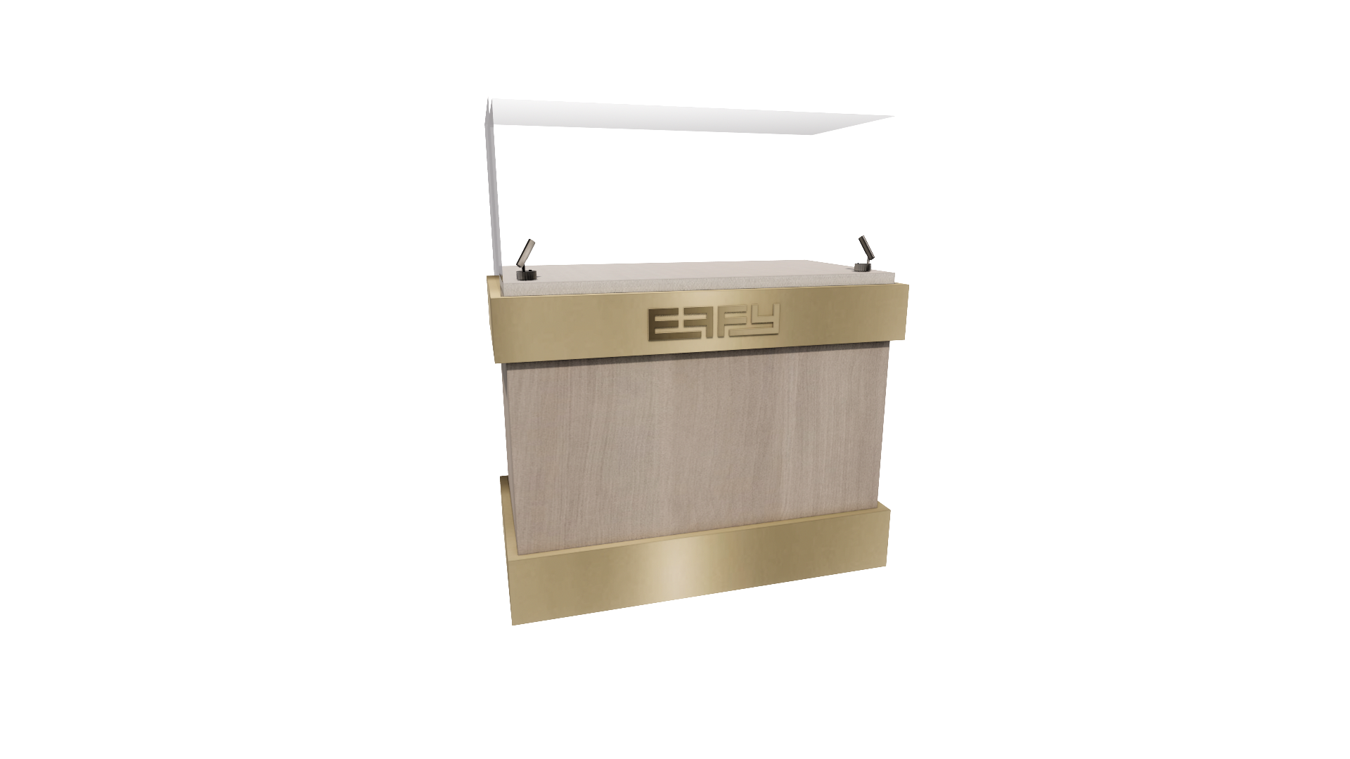 A sleek, modern kiosk with the word 'EASY' on the front, featuring a beige and gold color scheme and a white canopy overhead.