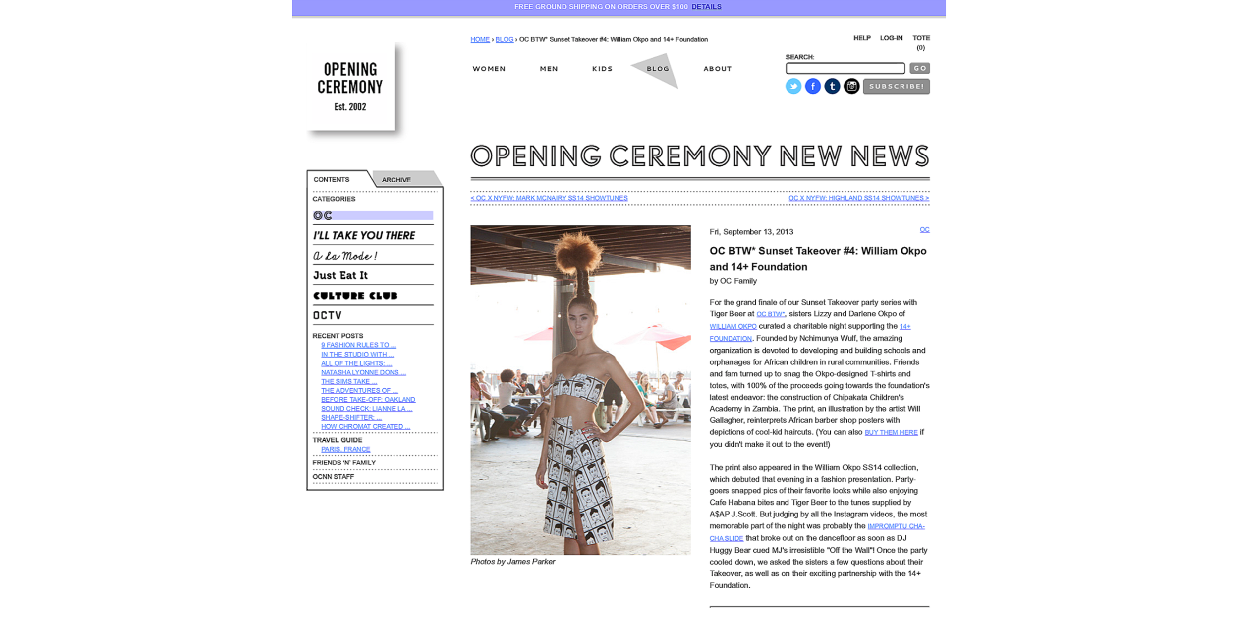 Blog webpage screenshot featuring an article about OC BTW Sunset Takeover with a photo of a fashionably dressed woman at an outdoor event.