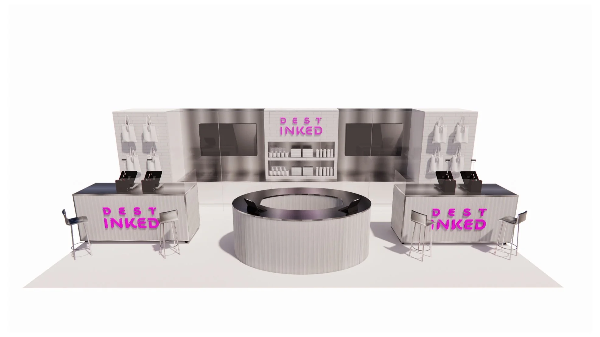 A retail display booth with the logo 'Dest Inked' in bright pink on the front and top signs, featuring clothing items hanging on the wall, two workstations with tattoo machines, and a circular table in the center.