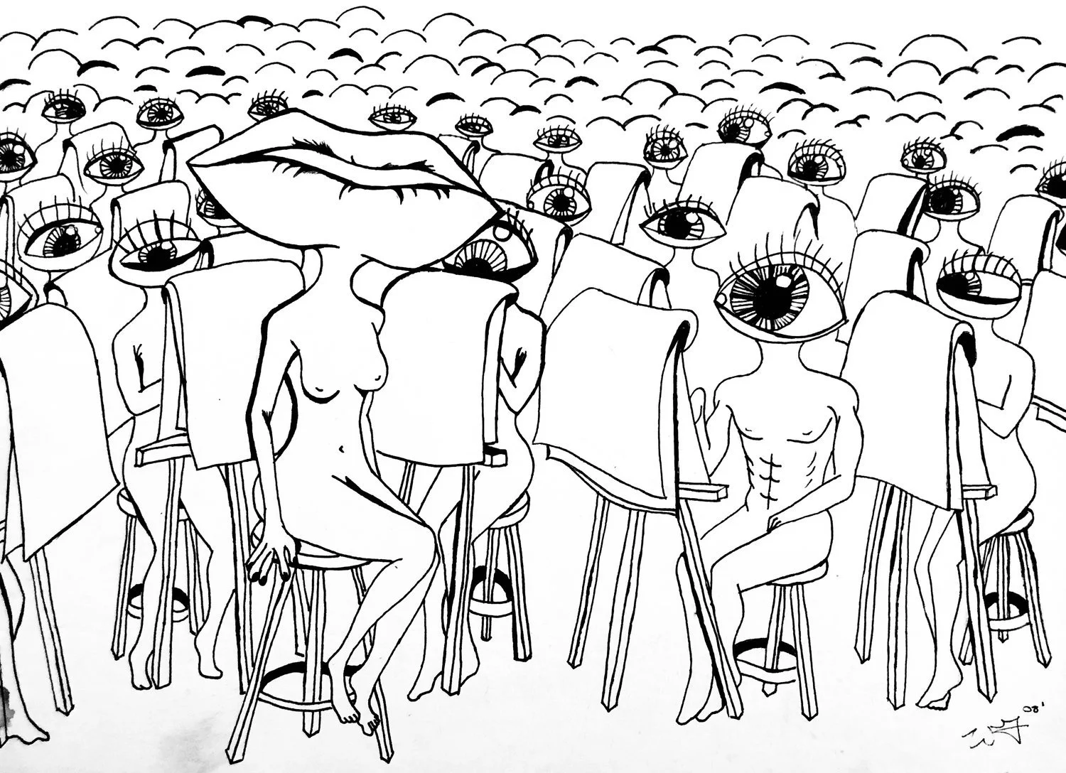Black and white illustration of numerous humanoid figures with chairs for heads and eyes on their faces, seated in rows, with two naked humanoid figures with human faces and bodies in the foreground.