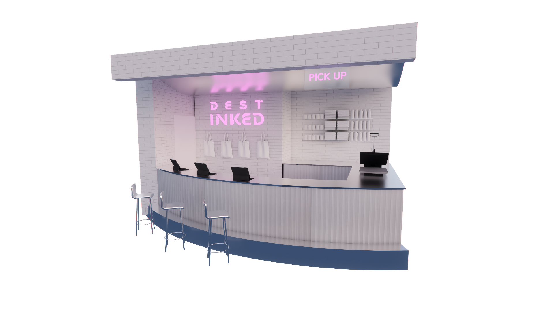 A modern, minimalist food pickup counter with white brick walls, three black kiosks, and a neon sign that says 'Dest Inked' in pink. There are four tote bags hanging on the wall, shelves with small containers or products, a cash register, and seating with three metal chairs.