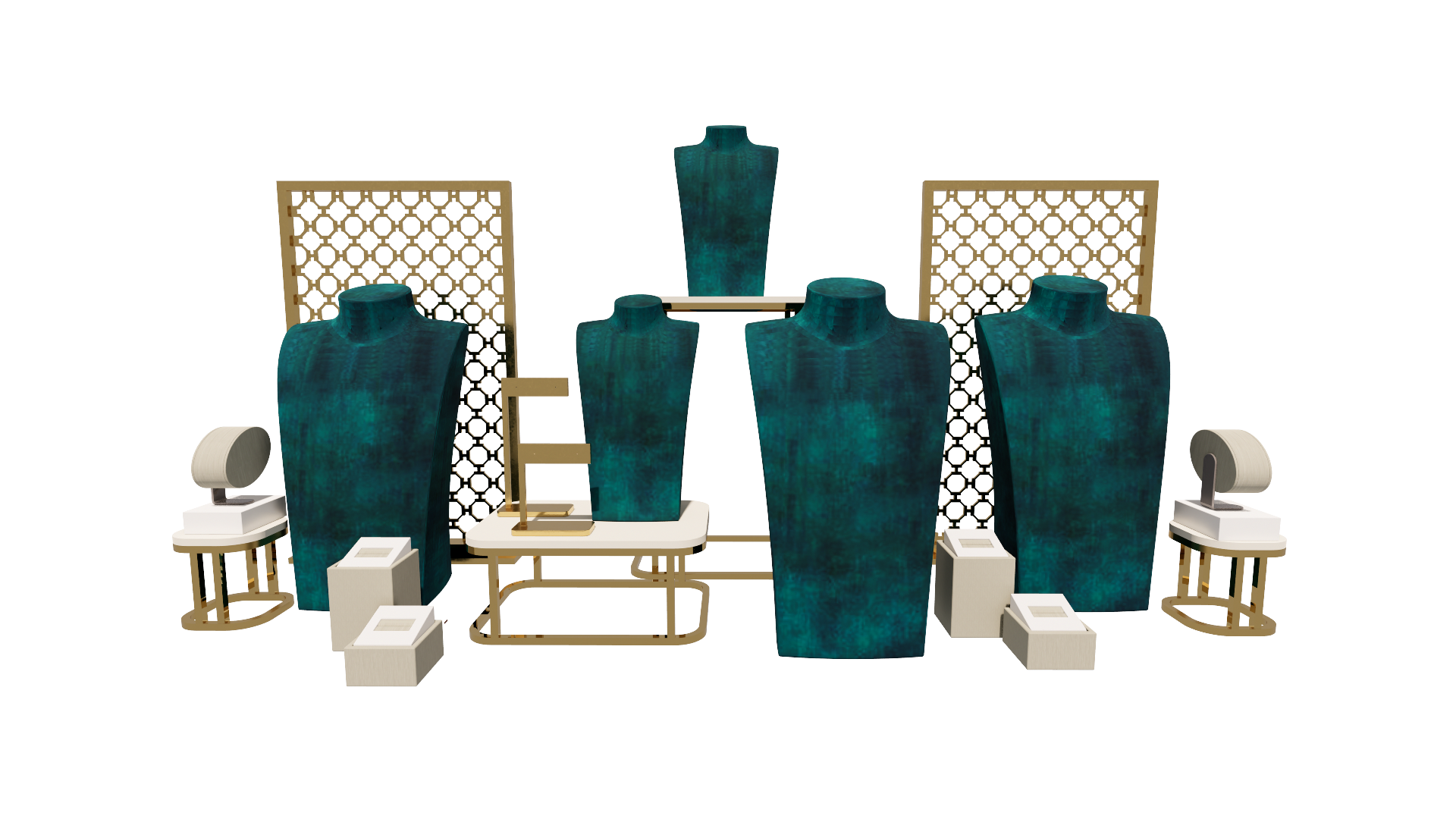 Display of dress forms, lamps, and display screens in a showroom.