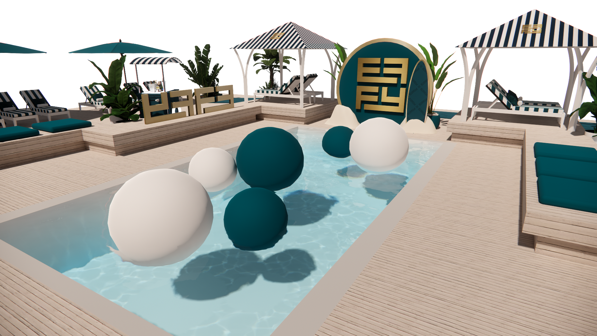 Poolside lounge area with large decorative spheres in the water, shaded cabanas with striped roofs, palm trees, and modern outdoor furniture with cushions.