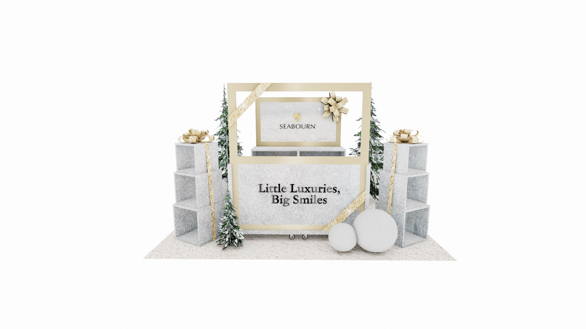 A decorative display with Christmas-themed elements, including two side towers with gold ribbons, a sign reading 'Little Luxuries, Big Smiles', a Seabourn logo, artificial snow-covered trees, and white spheres on a textured surface.