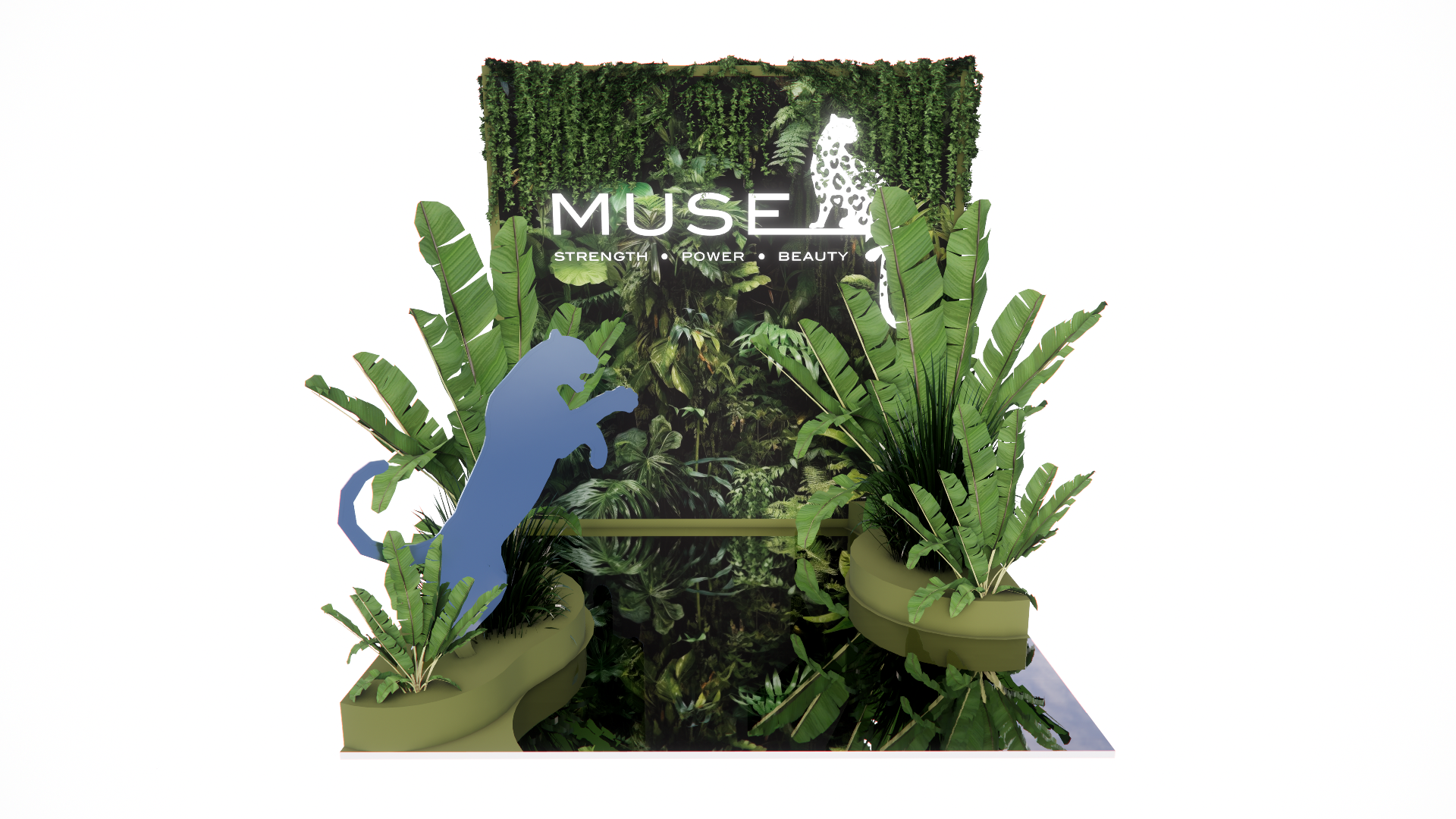 Green foliage with a sign that reads 'MUSE' and words 'Strength, Power, Beauty.' A blue dinosaur silhouette is among the plants, creating a jungle-like scene.