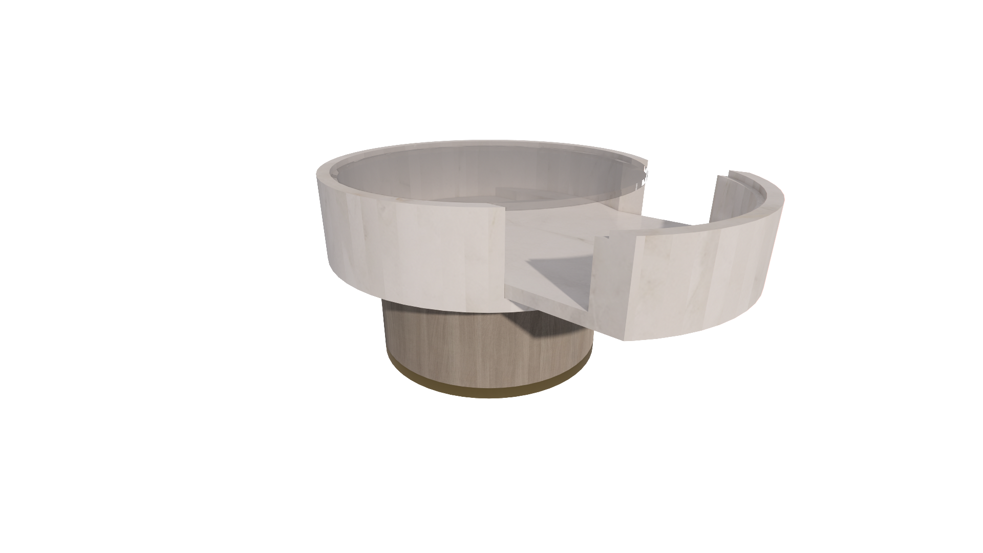 Modern round white and beige reception desk with a curved design.