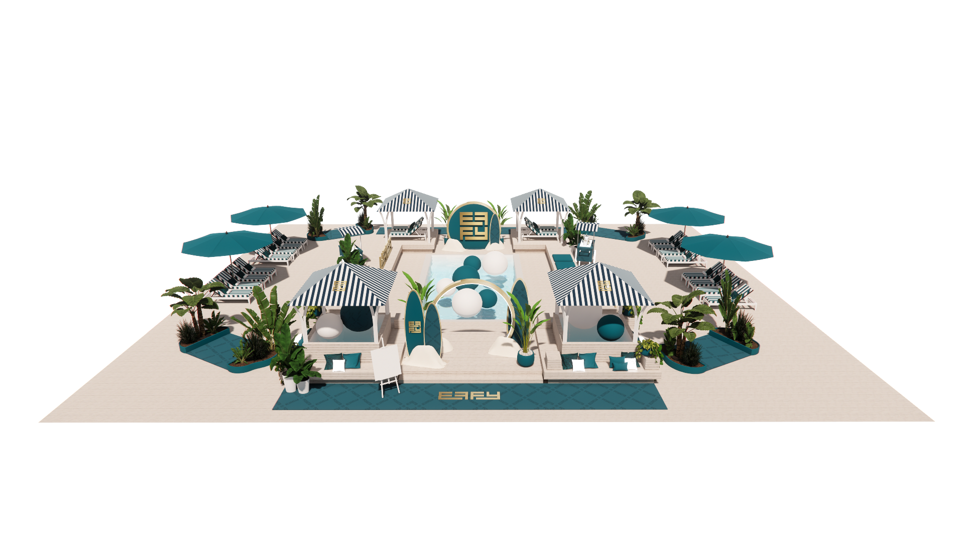 A digital rendering of a modern outdoor pool area with cabanas, lounge chairs, umbrellas, and tropical plants, featuring a stylized decorative element and geometric spheres in the pool.