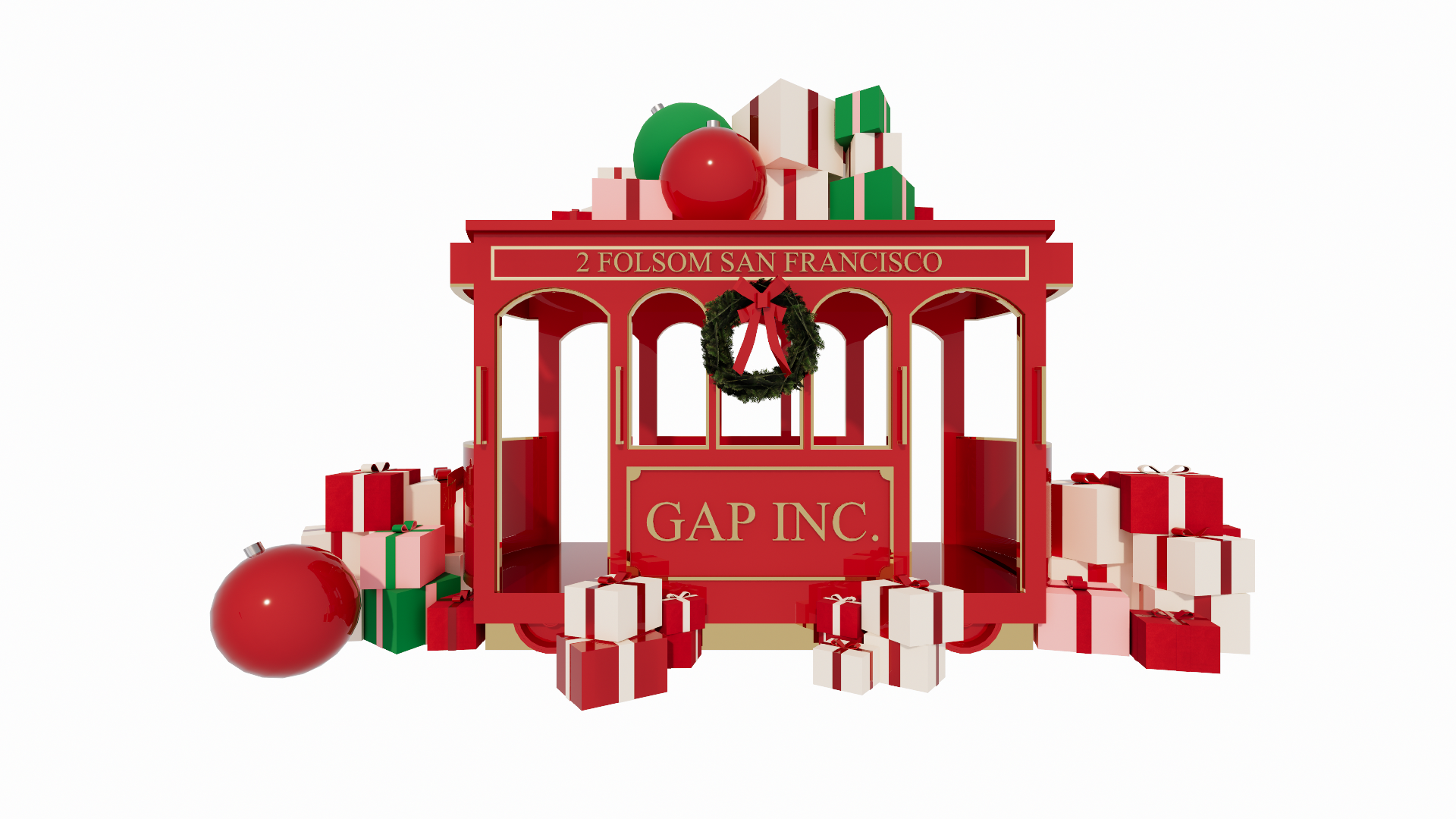 A festive red trolley decorated with holiday ornaments, surrounded by wrapped Christmas presents, with a wreath hanging in the center, readies for holiday celebration.