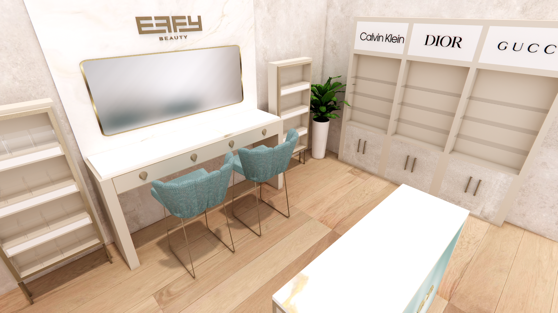Beauty salon interior with a large mirror, a white vanity table with three drawers, two teal chairs, a tall white shelf, a potted plant, and a branded signage wall with the words 'EY Beauty' and designer brand names above empty display shelves.