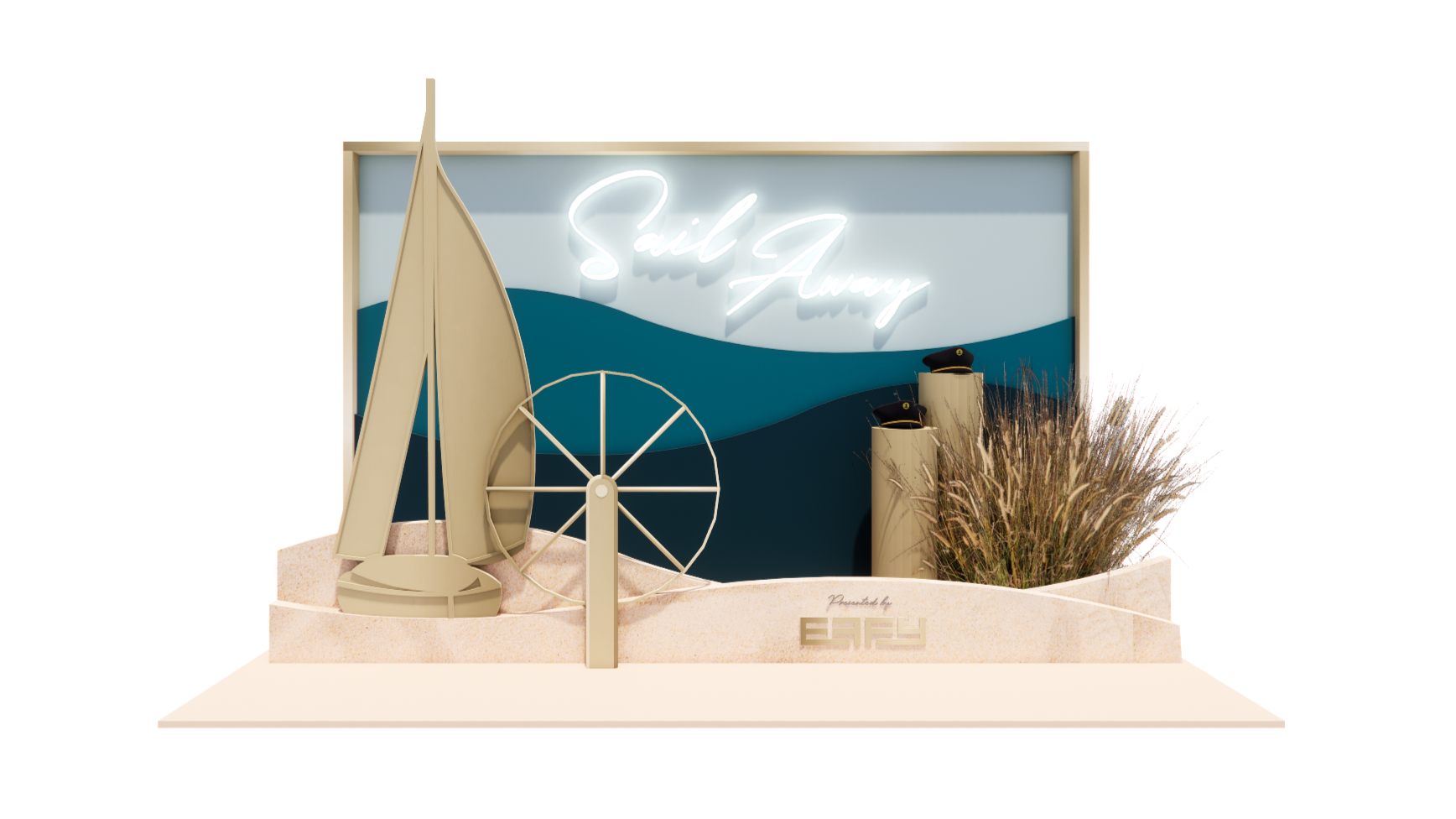 Beach-themed display with a sailboat, a Ferris wheel, plants, caps, and a neon sign that reads 'Sail Away' on a backdrop with waves.