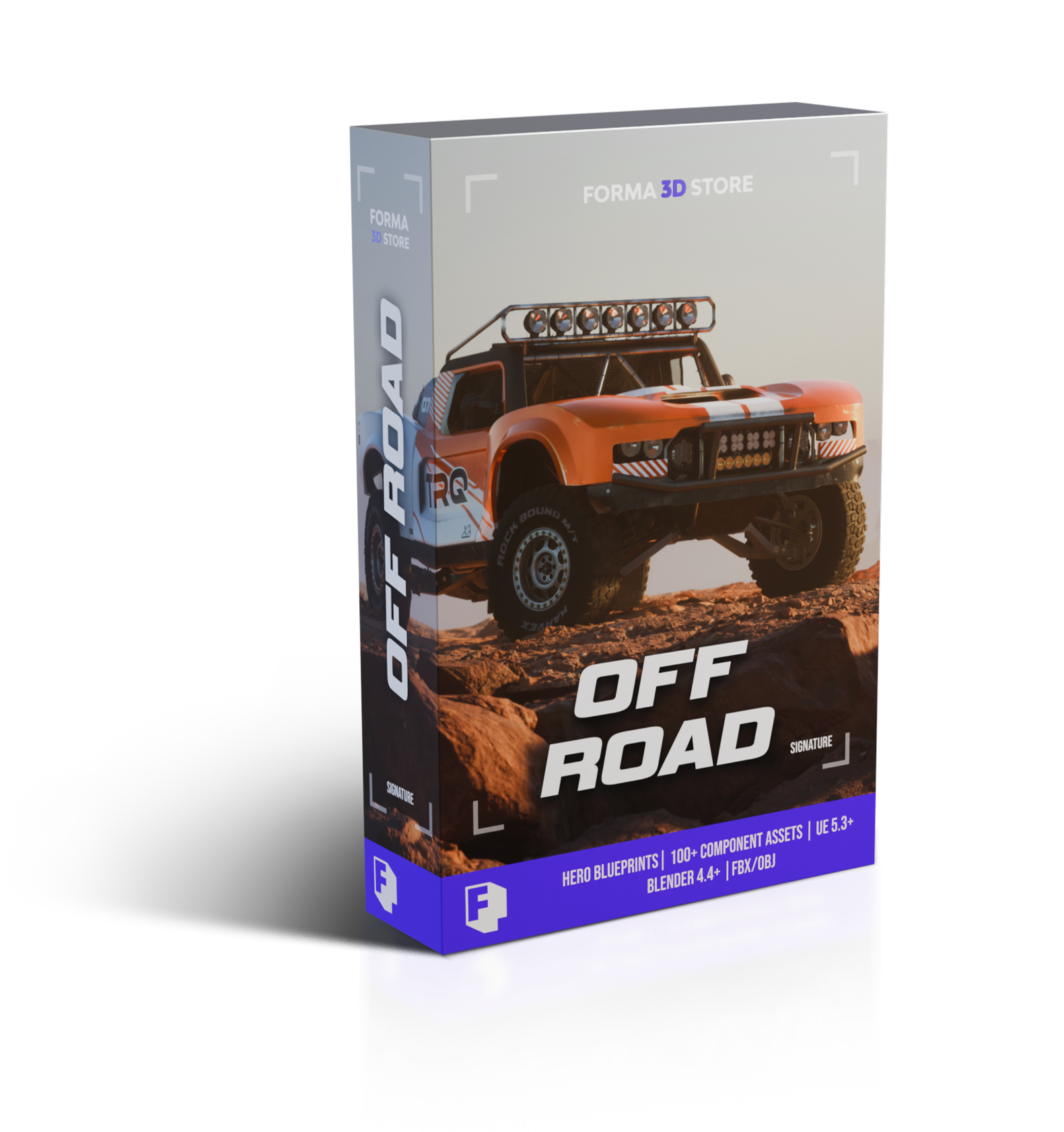 A product package for 'Off Road' 3D asset pack featuring an off-road vehicle on rocky terrain, with details about hero blueprints, component assets, Blender 4.4+ compatibility, and Unreal Engine 5.3+ support.
