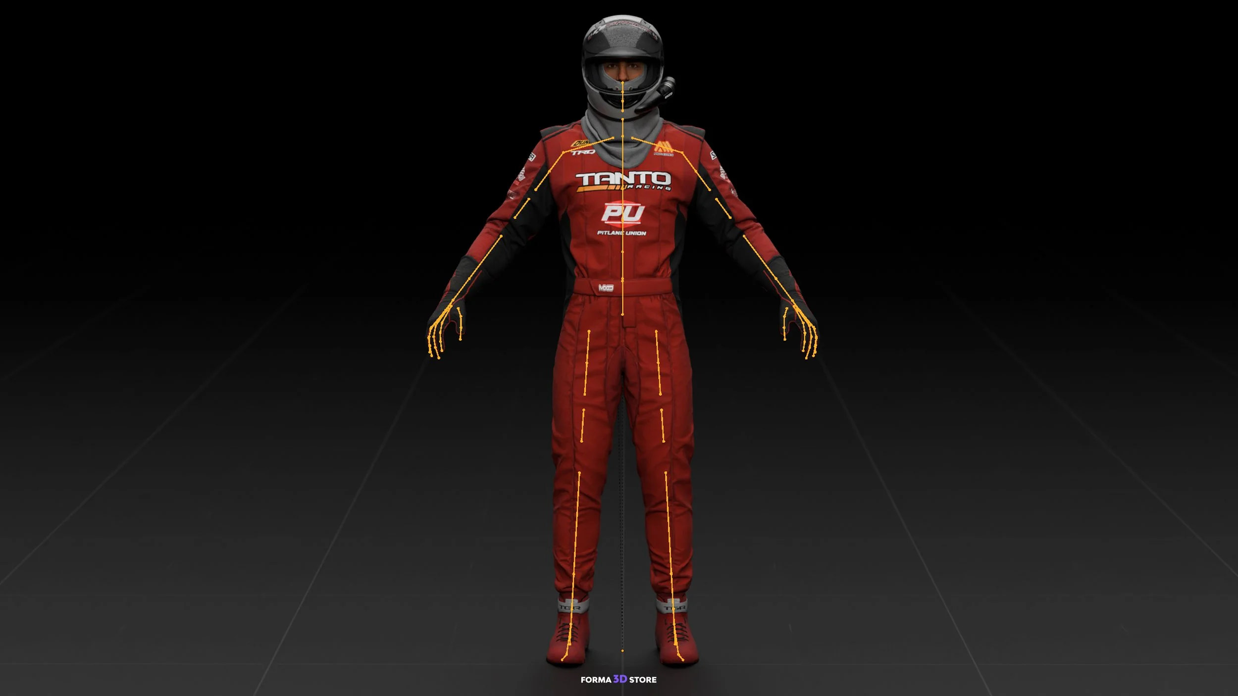 3D rendered image of a person in a racing suit and helmet, standing with arms outstretched, on a black background.