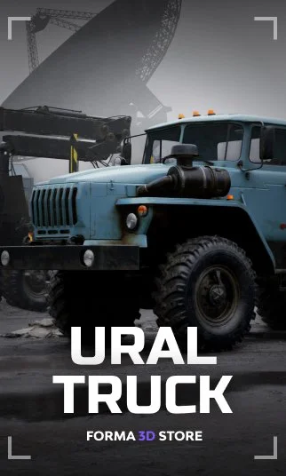 A blue Ural truck parked in an industrial area with construction cranes and radio dish in the background.