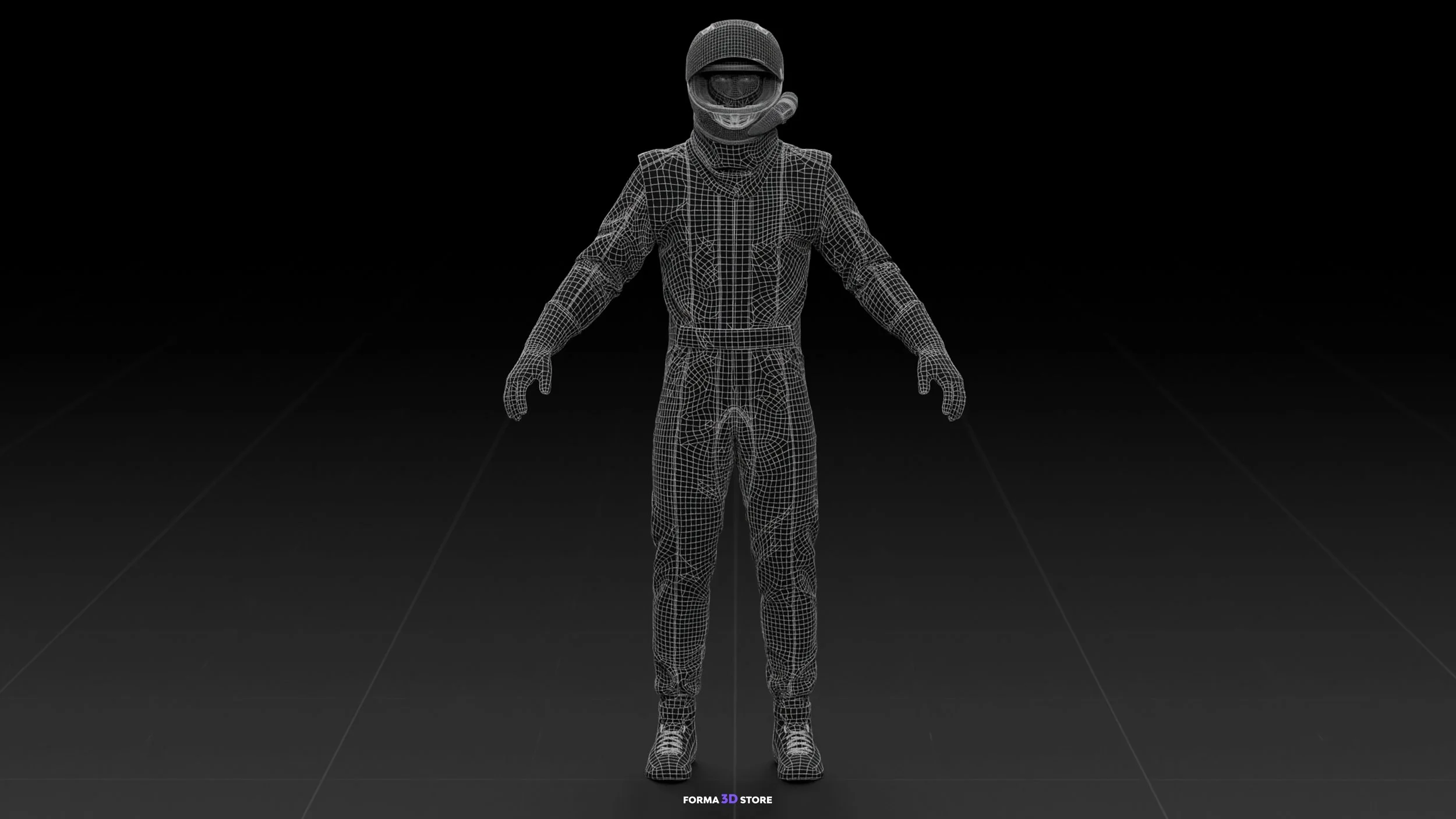 3D wireframe model of a person wearing a racing suit, helmet, and gloves, viewed from the front against a black background.