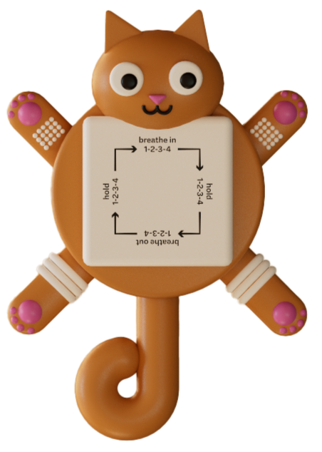 A top view of an orange Coping Cat, showing the different textures and words printed on that cat's belly and legs.