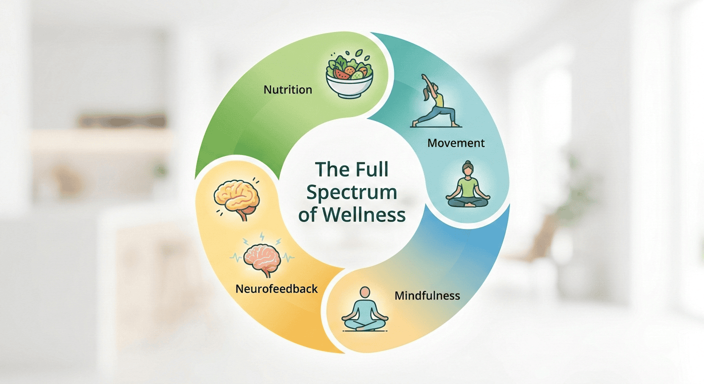 A circular infographic titled "The Full Spectrum of Wellness" divided into four colorful sections with icons