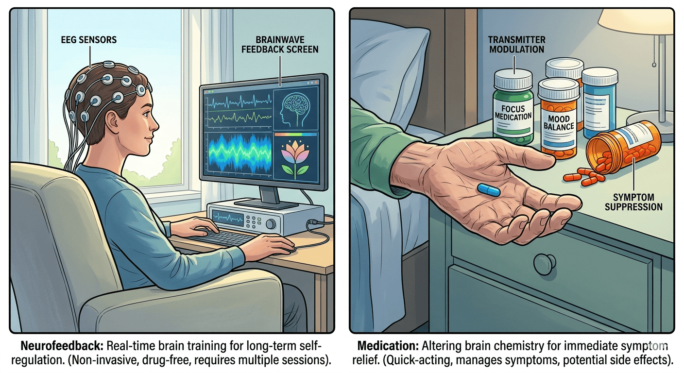 split screens showing neurofeedback vs. medication