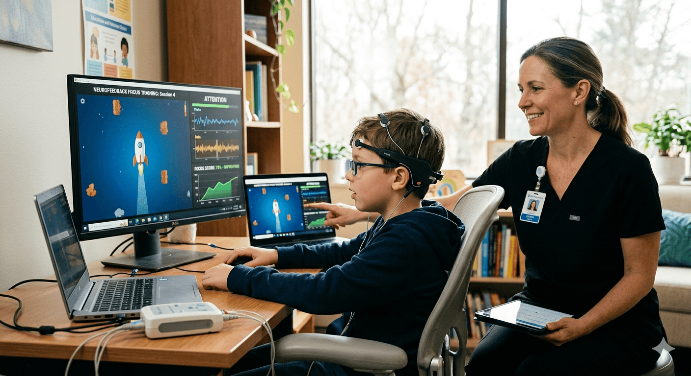 This image captures a neurofeedback training session. Neurofeedback is a drug-free approach often used to help improve attention, focus, and self-regulation, which can be particularly beneficial for individuals with ADHD.