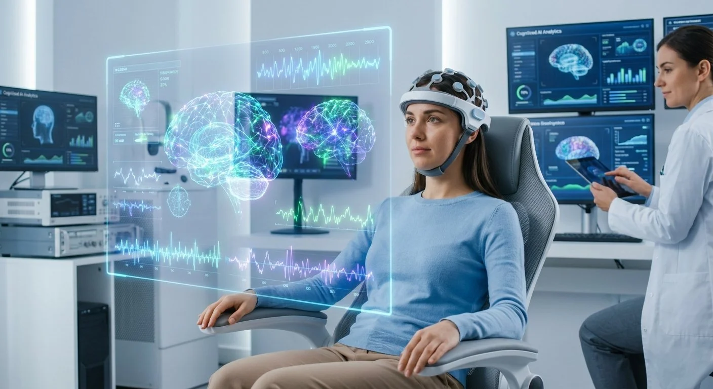 A patient wearing an EEG neurofeedback headset during a personalized brain training session with a clinician analyzing real-time AI brain wave data on a digital display.