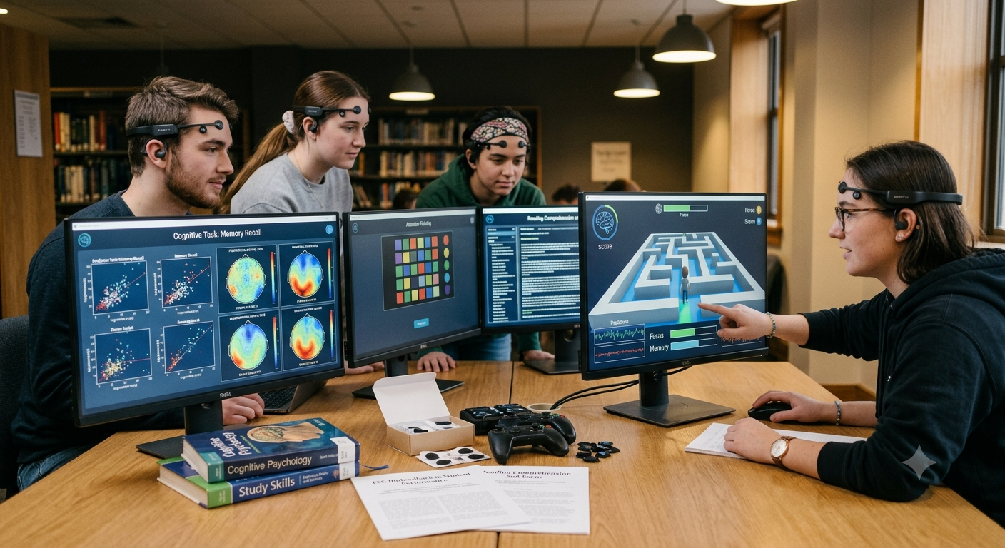 A group of students in a university library wearing EEG brain-sensing headbands while viewing cognitive feedback and memory metrics on computer screens.
