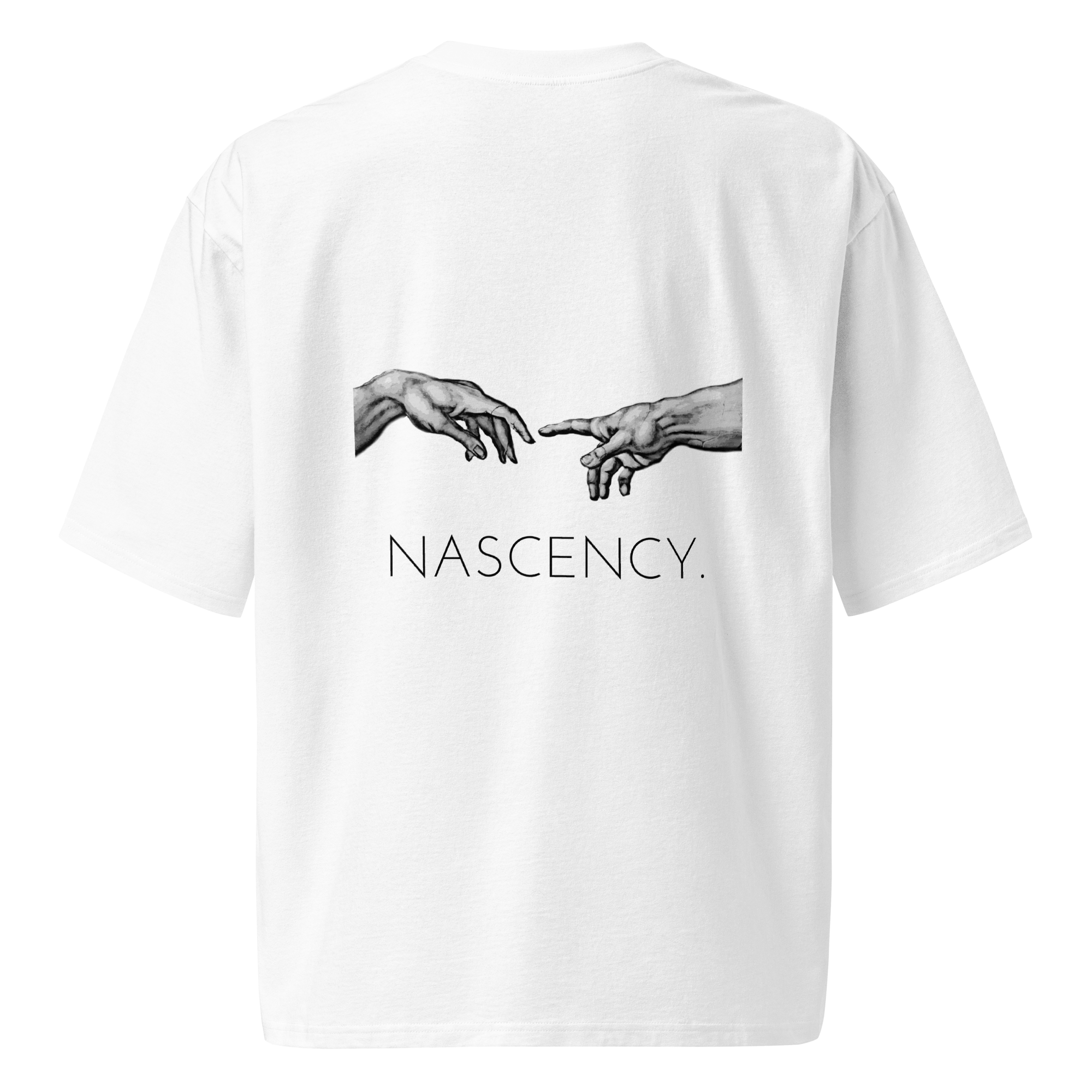 T-shirt blanc avec une illustration de deux mains se touchant, inspirée de la création de la Chapelle Sixtine, et le mot 'NASCENCY' écrit en lettres noires.