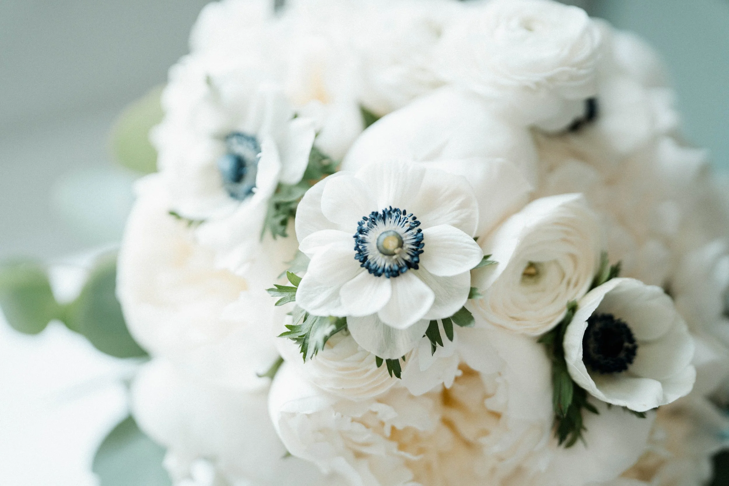 Close-up of a bouquet with white anemone flowers and white ranunculus flowers.
