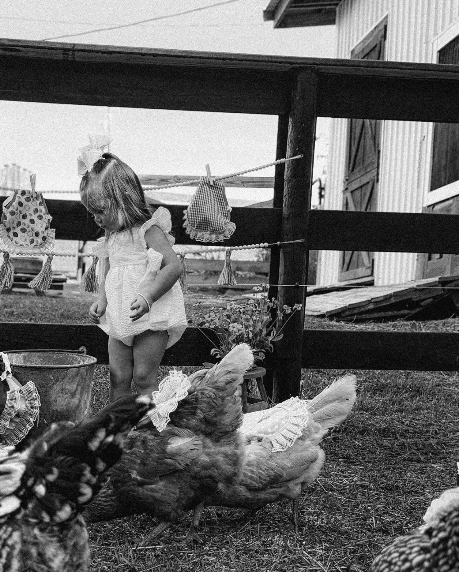 Black-and-white photo of a young girl standing beside decorated chickens in a rustic farmyard.