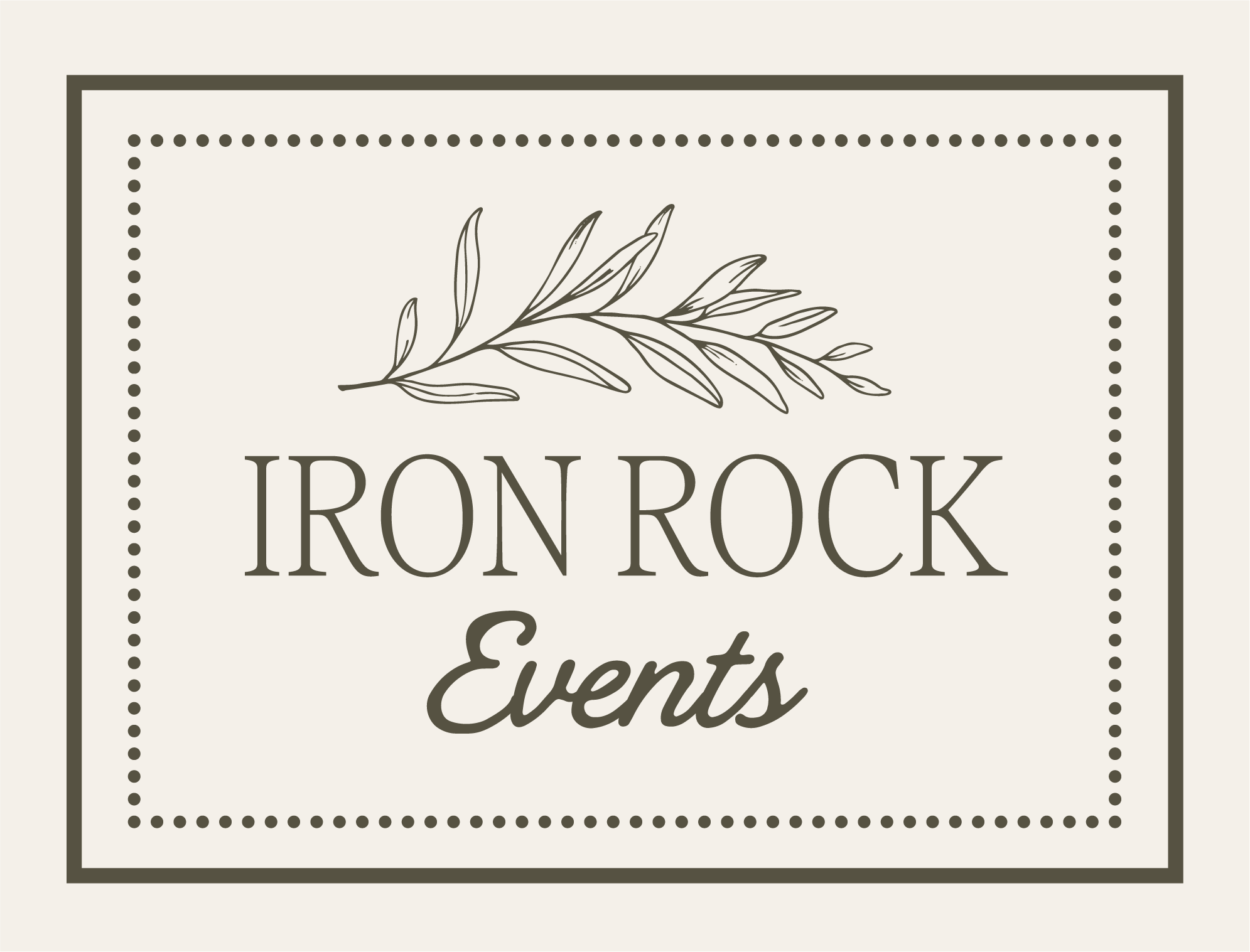 Iron Rock Events logo with a botanical branch illustration and dotted border