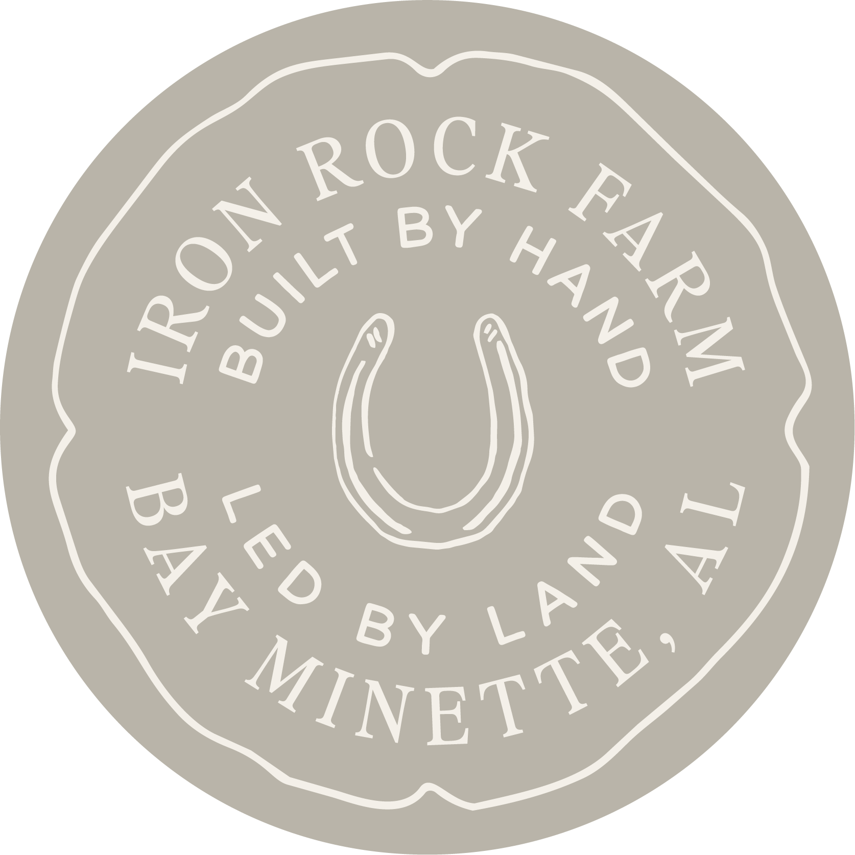 Vintage-style circular horseshoe logo reading “Iron Rock Farm,” “Built by Hand,” and “Bread by Minute,” in beige and white.